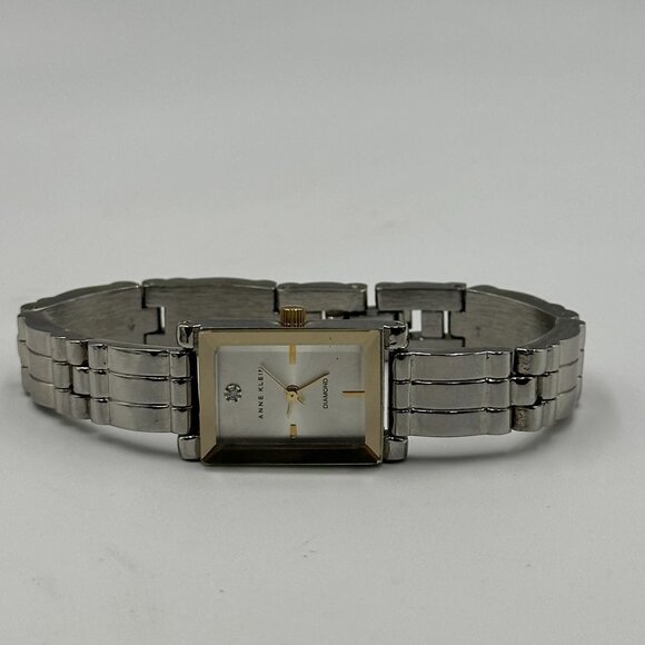 3Anne Klein Diamond Watch Women Silver Tone 16MM Rectangle Case 6.5" Working - Picture 8 of 11